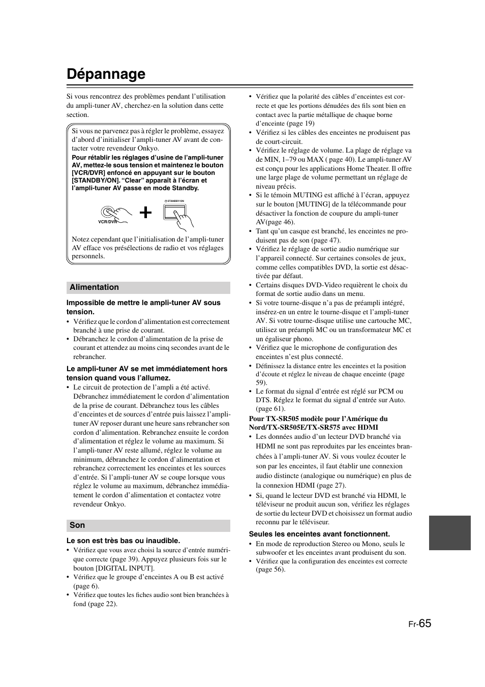 Dépannage, Dépannage.................................fr-65 | Onkyo TX-SR505E User Manual | Page 65 / 140