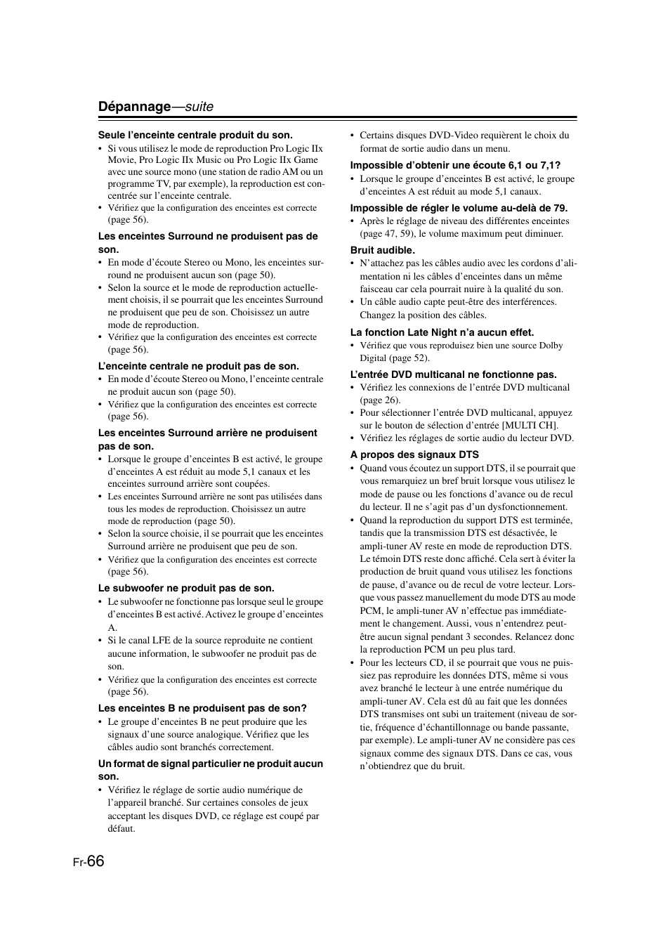 Dépannage —suite | Onkyo TX-SR505E User Manual | Page 66 / 140