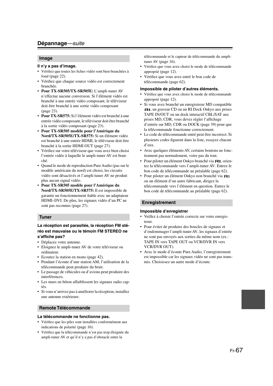 Dépannage —suite | Onkyo TX-SR505E User Manual | Page 67 / 140
