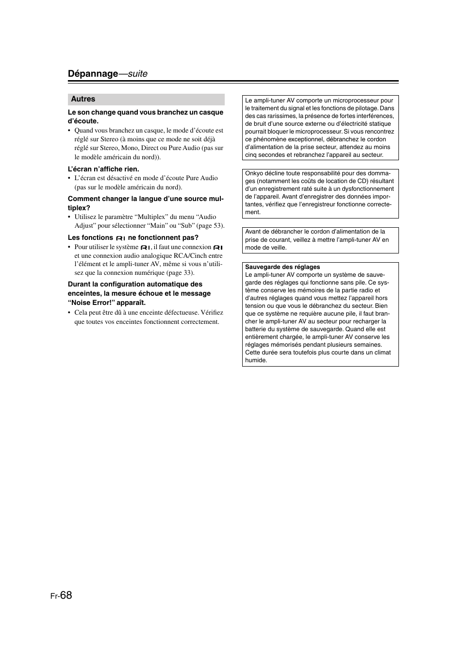 Dépannage —suite | Onkyo TX-SR505E User Manual | Page 68 / 140