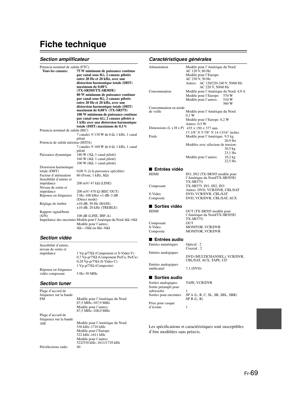 Fiche technique | Onkyo TX-SR505E User Manual | Page 69 / 140