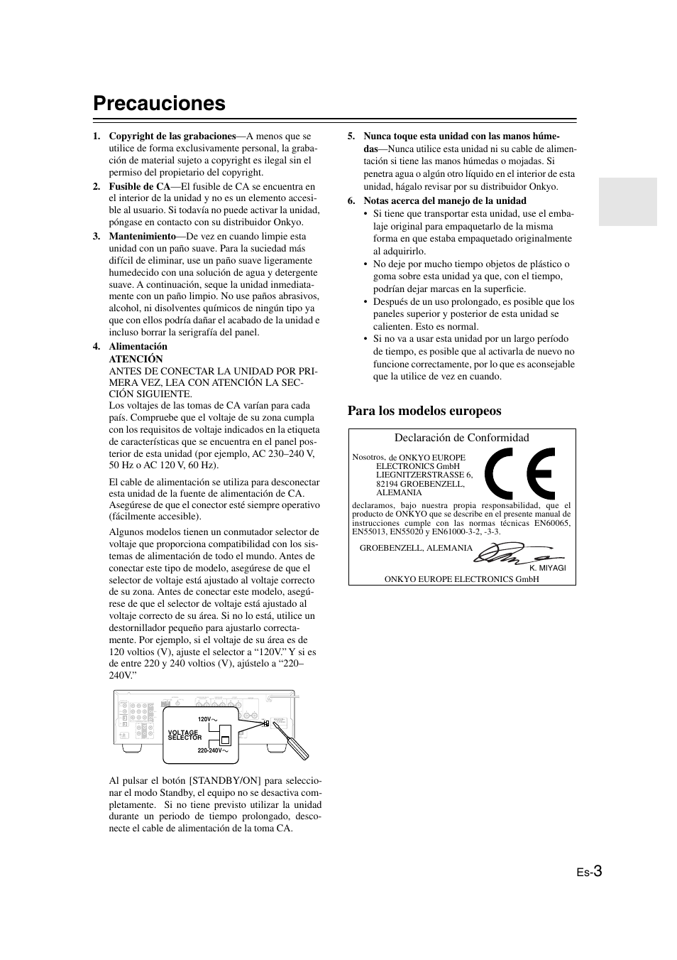 Precauciones, Para los modelos europeos | Onkyo TX-SR505E User Manual | Page 71 / 140