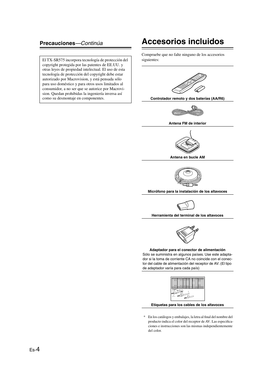 Accesorios incluidos, Precauciones —continúa, Speaker cable | Onkyo TX-SR505E User Manual | Page 72 / 140