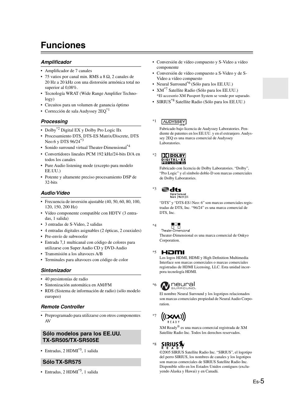 Funciones, Sólo modelos para los ee.uu. tx-sr505/tx-sr505e, Sólo tx-sr575 | Onkyo TX-SR505E User Manual | Page 73 / 140