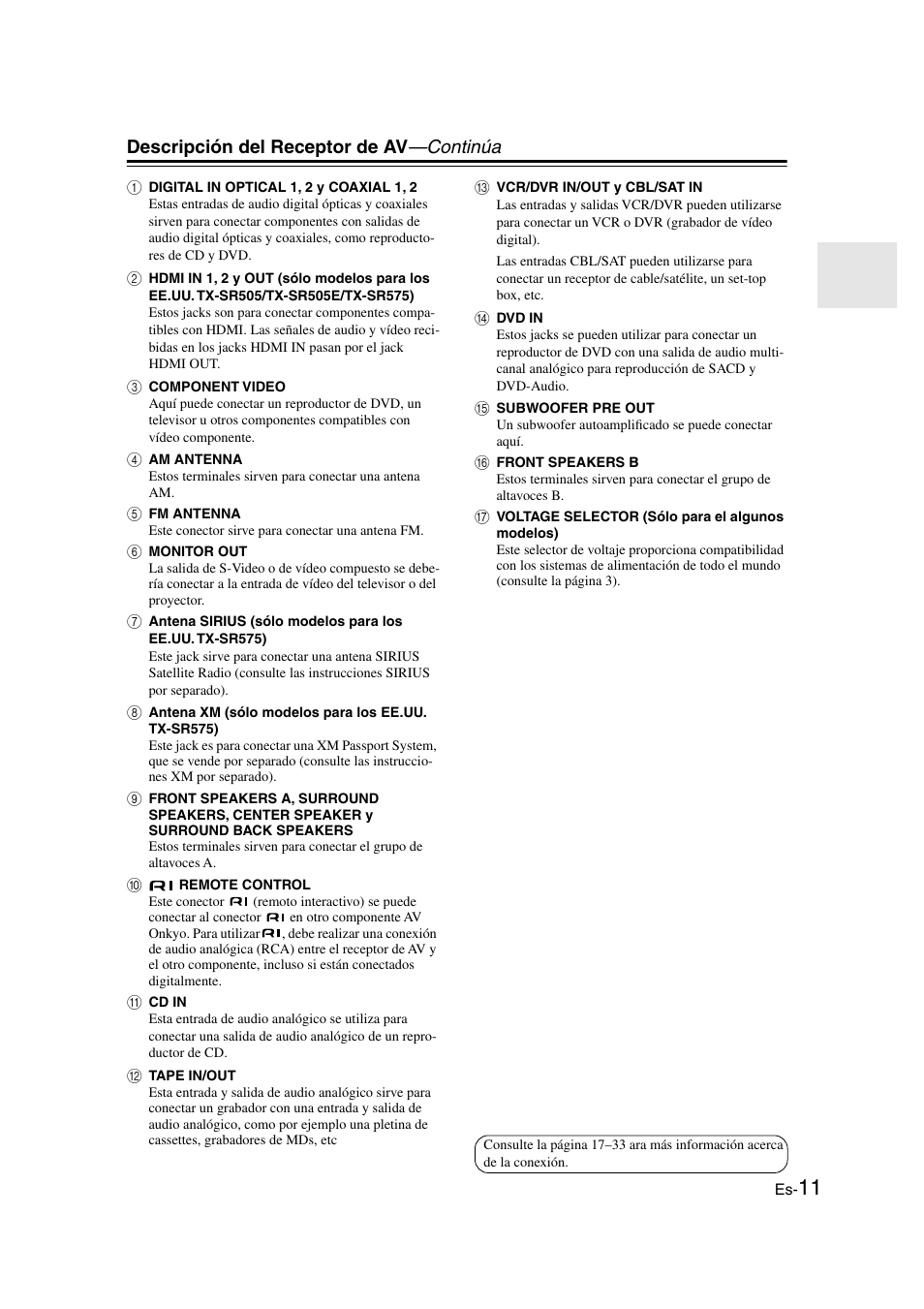 Descripción del receptor de av —continúa | Onkyo TX-SR505E User Manual | Page 79 / 140