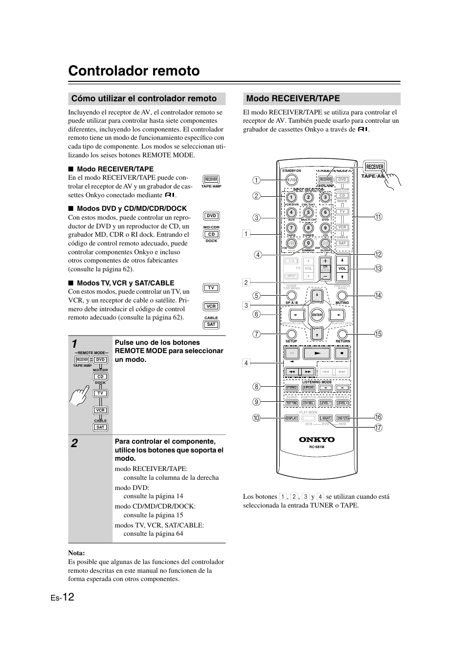 Controlador remoto, Cómo utilizar el controlador remoto, Modo receiver/tape | Onkyo TX-SR505E User Manual | Page 80 / 140