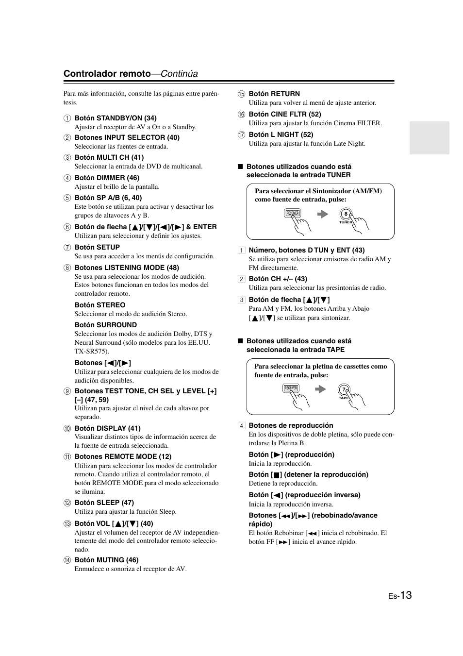 Controlador remoto —continúa | Onkyo TX-SR505E User Manual | Page 81 / 140