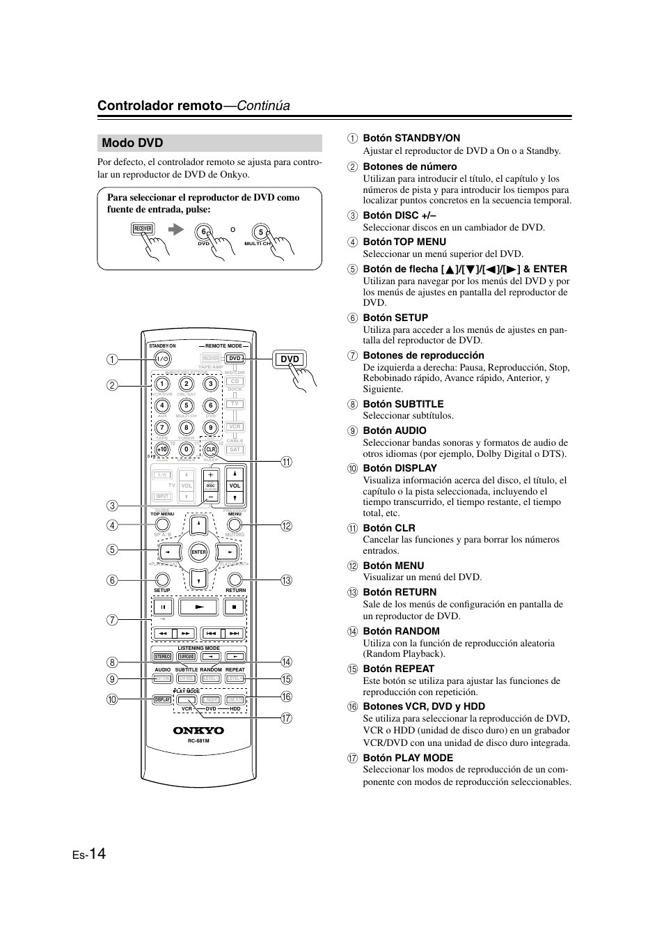 Modo dvd, Controlador remoto —continúa, Botón subtitle seleccionar subtítulos | Botón menu visualizar un menú del dvd | Onkyo TX-SR505E User Manual | Page 82 / 140
