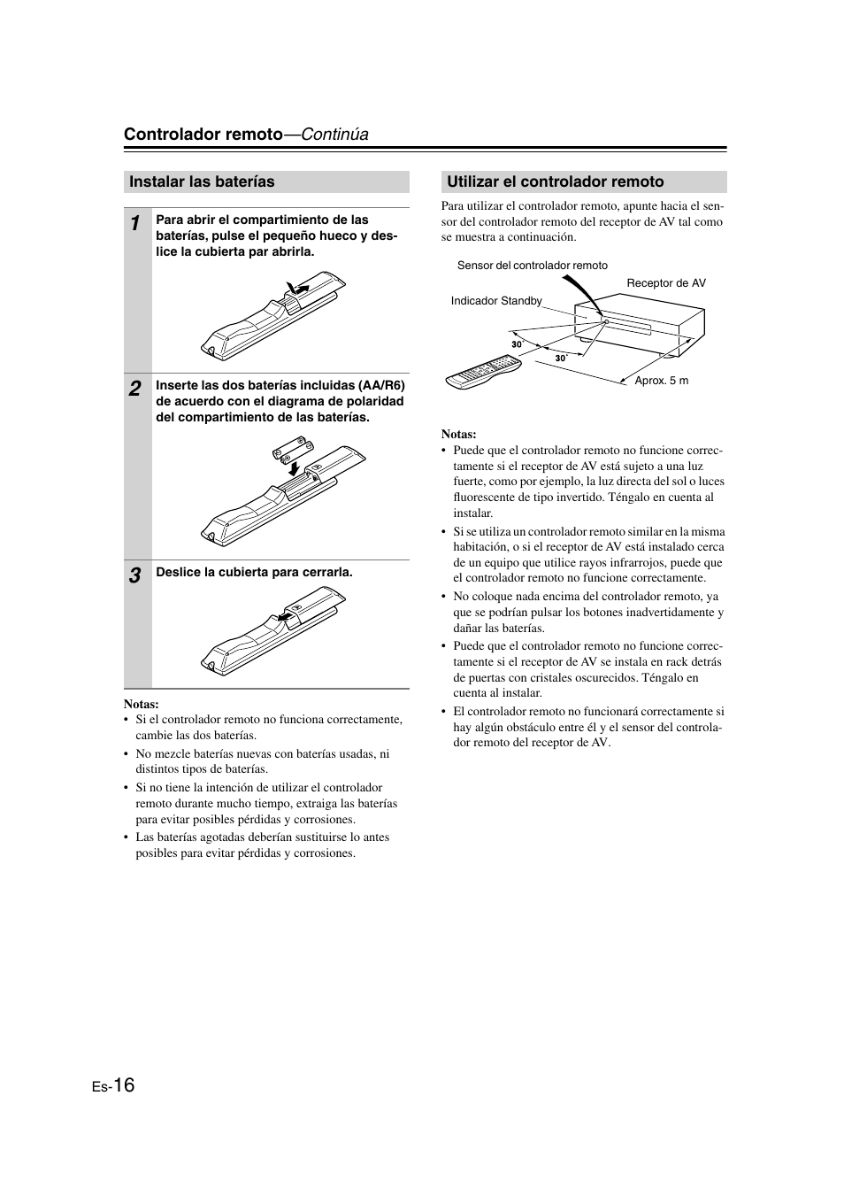 Instalar las baterías, Utilizar el controlador remoto, Olador remoto (16) | Controlador remoto —continúa | Onkyo TX-SR505E User Manual | Page 84 / 140