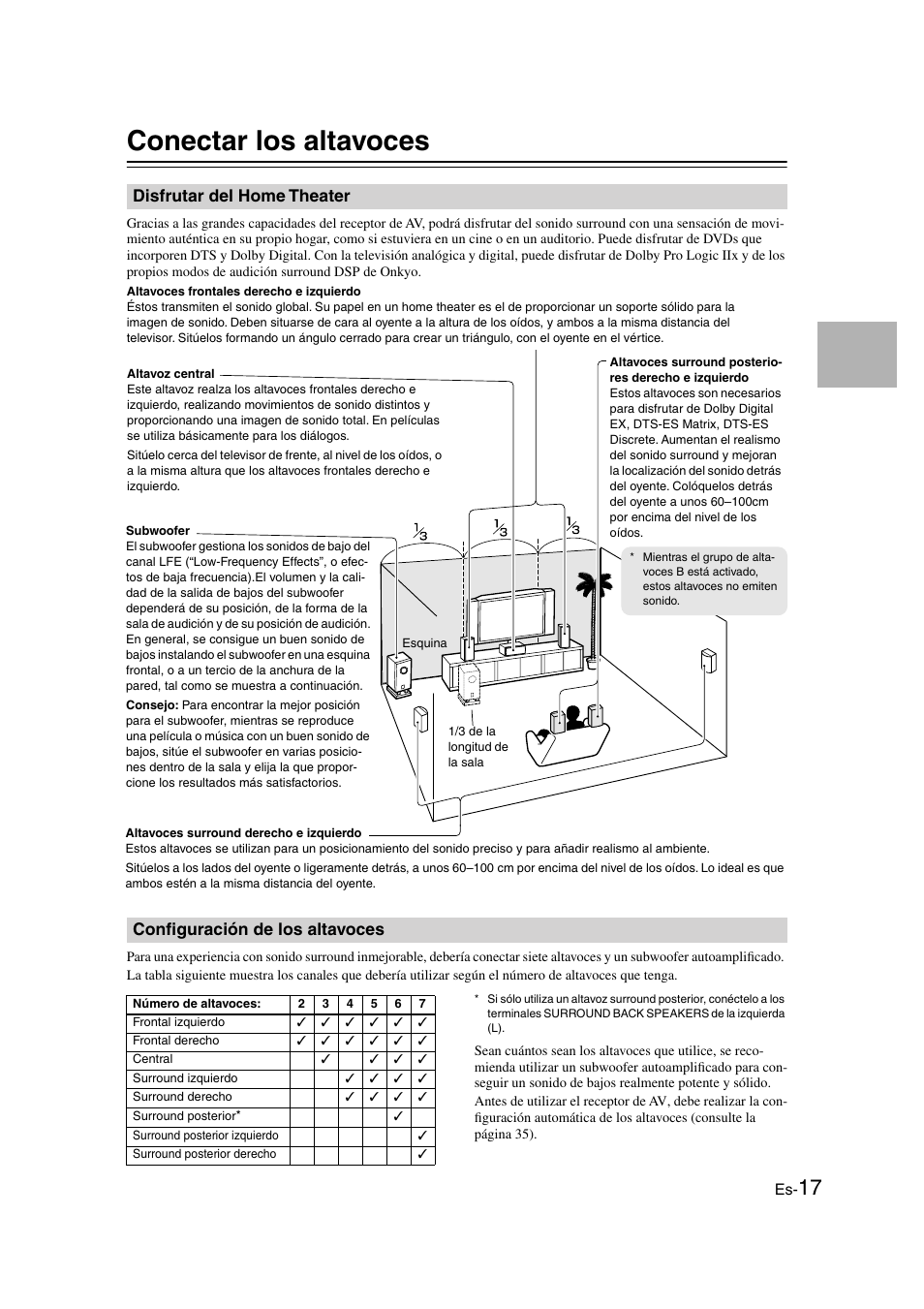 Conectar los altavoces, Disfrutar del home theater, Configuración de los altavoces | Conexiones...............................es-17 | Onkyo TX-SR505E User Manual | Page 85 / 140