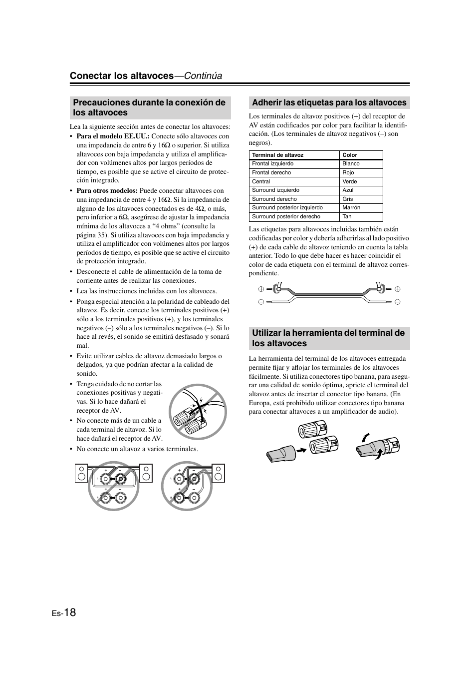 Precauciones durante la conexión de los altavoces, Adherir las etiquetas para los altavoces, Conectar los altavoces —continúa | Onkyo TX-SR505E User Manual | Page 86 / 140