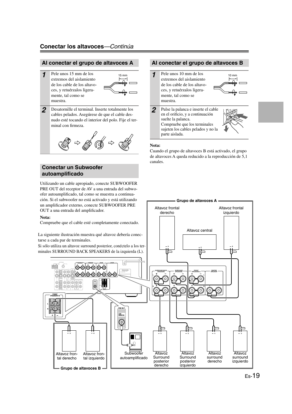 Al conectar el grupo de altavoces a, Conectar un subwoofer autoamplificado, Al conectar el grupo de altavoces b | Conectar los altavoces —continúa, Line input | Onkyo TX-SR505E User Manual | Page 87 / 140