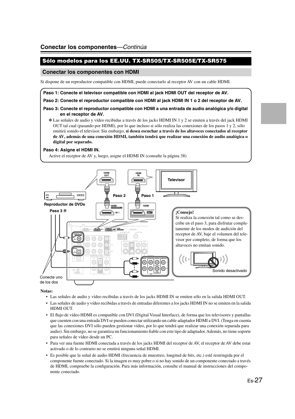Conectar los componentes con hdmi, Componentes con hdmi, Conectar los componentes —continúa | Paso 2 | Onkyo TX-SR505E User Manual | Page 95 / 140