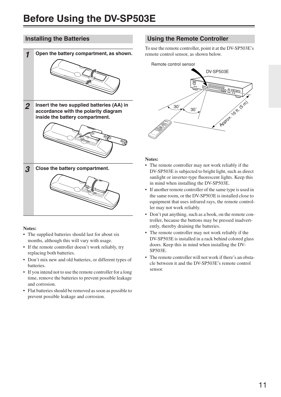 Before using the dv-sp503e, Installing the batteries, Using the remote controller | Onkyo DV-SP503E User Manual | Page 11 / 68