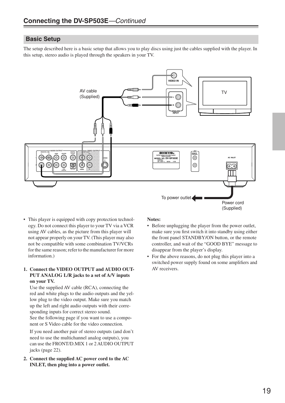 Connecting the dv-sp503e —continued, Basic setup | Onkyo DV-SP503E User Manual | Page 19 / 68