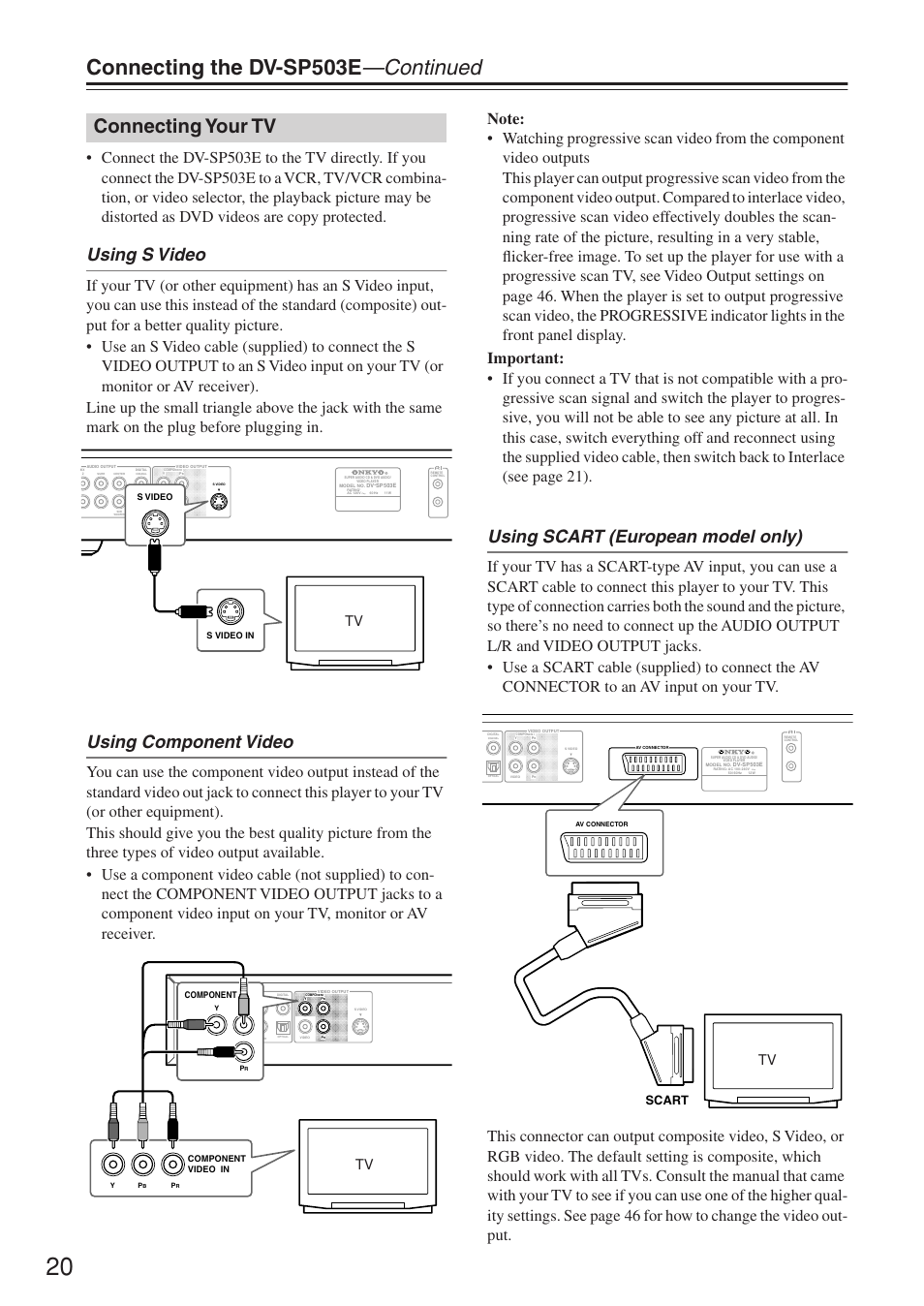 Connecting the dv-sp503e —continued, Connecting your tv, Using s video | Using component video, Using scart (european model only), Scart | Onkyo DV-SP503E User Manual | Page 20 / 68