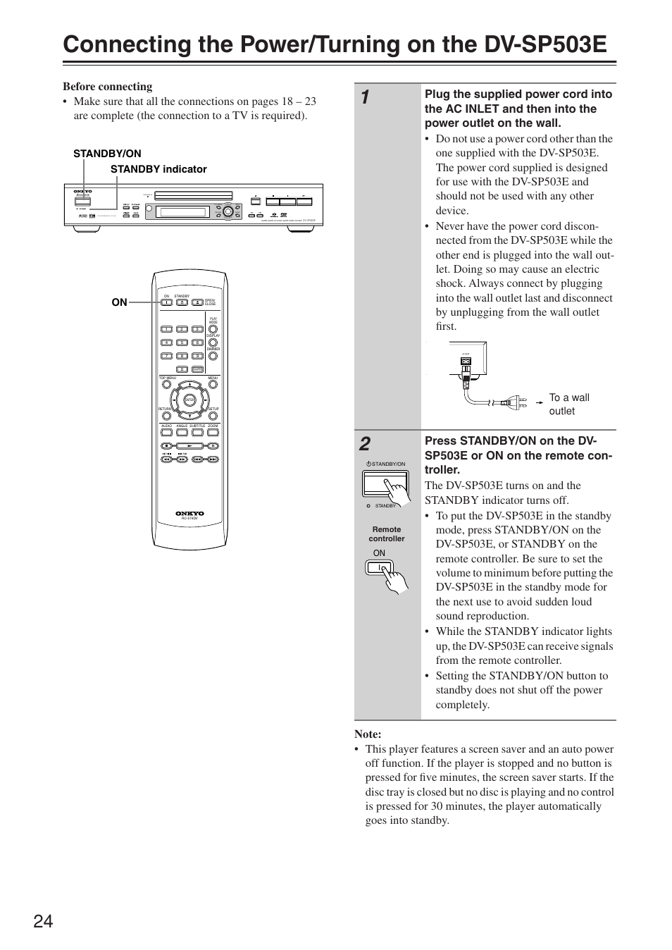 Connecting the power/turning on the dv-sp503e, Pu sh to ente r | Onkyo DV-SP503E User Manual | Page 24 / 68