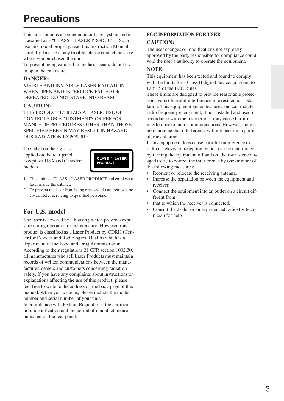 Precautions, For u.s. model | Onkyo DV-SP503E User Manual | Page 3 / 68