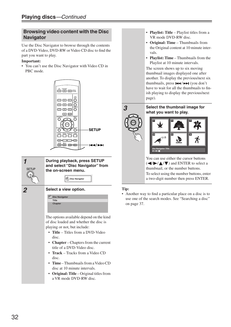 Playing discs —continued, Browsing video content with the disc navigator | Onkyo DV-SP503E User Manual | Page 32 / 68