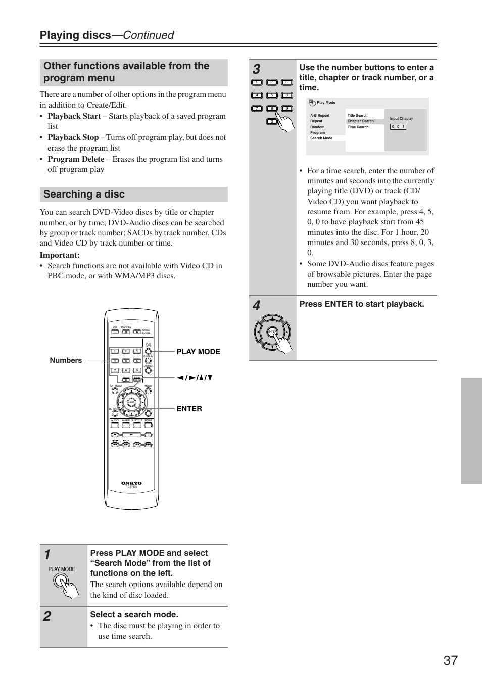 Playing discs —continued, Press enter to start playback | Onkyo DV-SP503E User Manual | Page 37 / 68