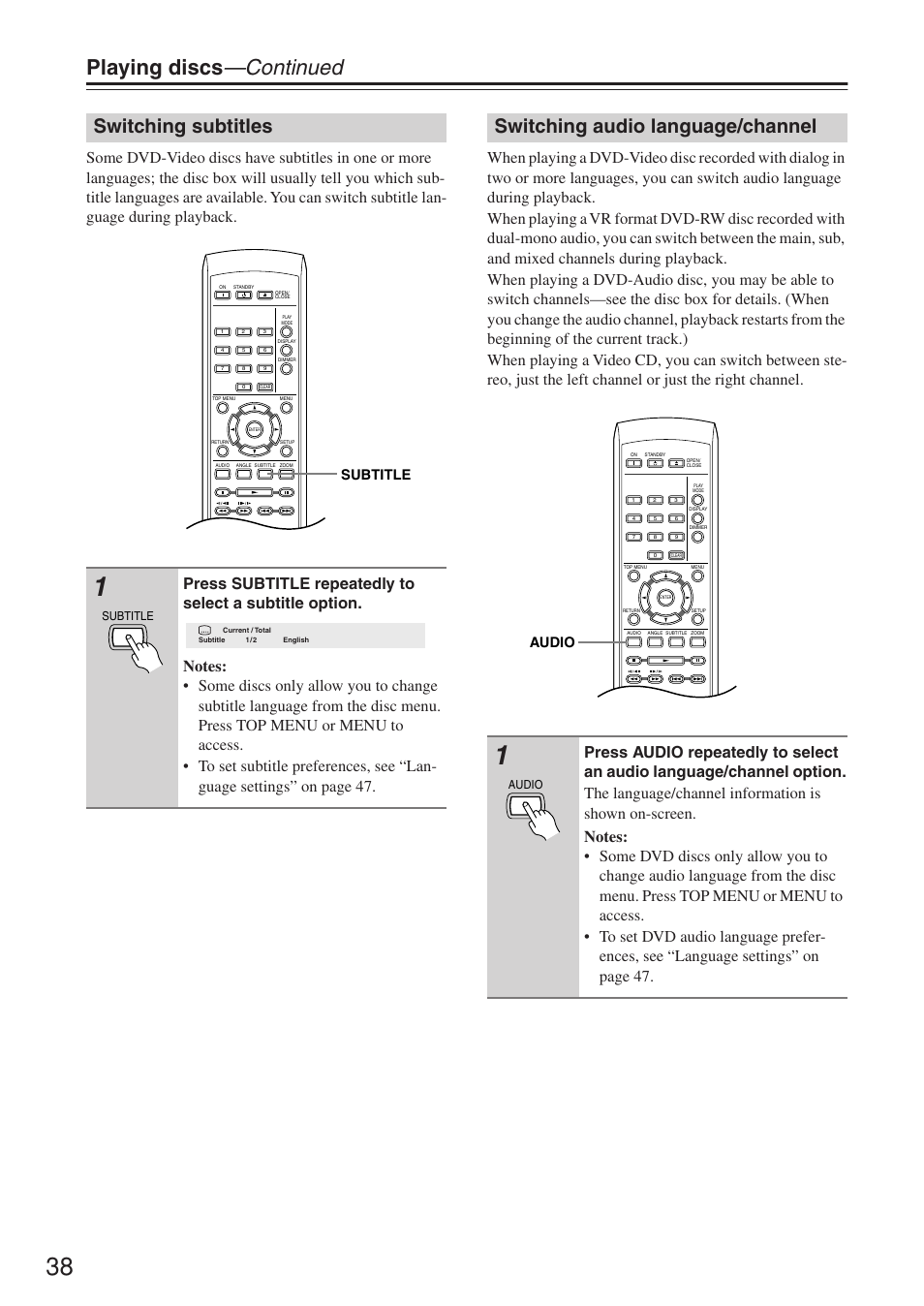 Playing discs —continued, Switching subtitles, Switching audio language/channel | Subtitle, Audio | Onkyo DV-SP503E User Manual | Page 38 / 68