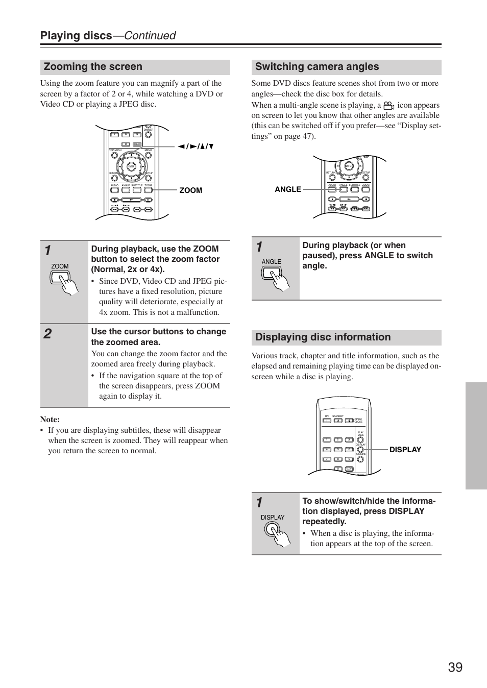 Playing discs —continued, Zooming the screen, Switching camera angles | Displaying disc information, Zoom, Angle, Display | Onkyo DV-SP503E User Manual | Page 39 / 68