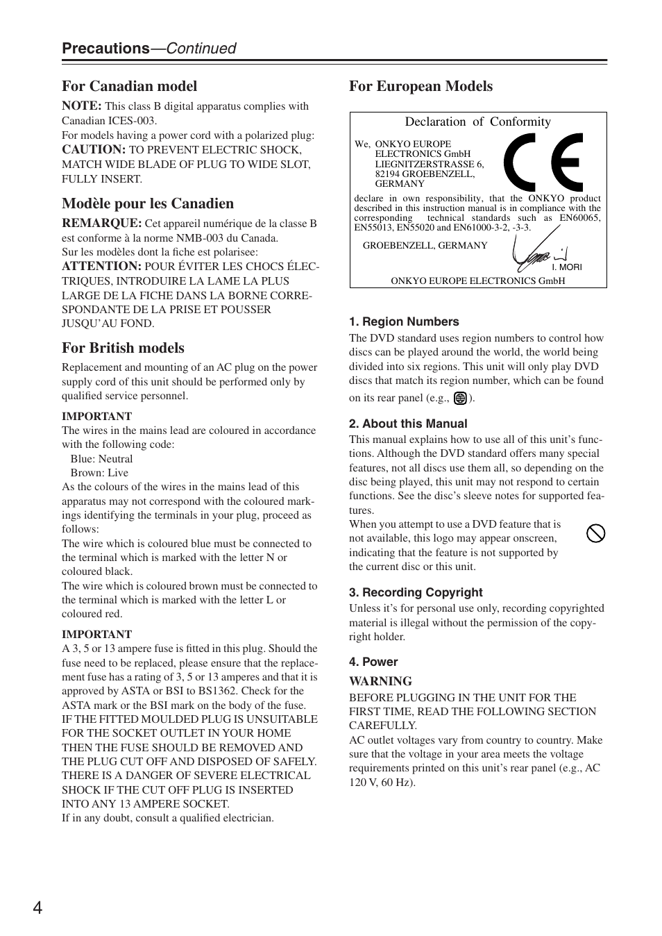 Precautions —continued for canadian model, Modèle pour les canadien, For british models | For european models | Onkyo DV-SP503E User Manual | Page 4 / 68