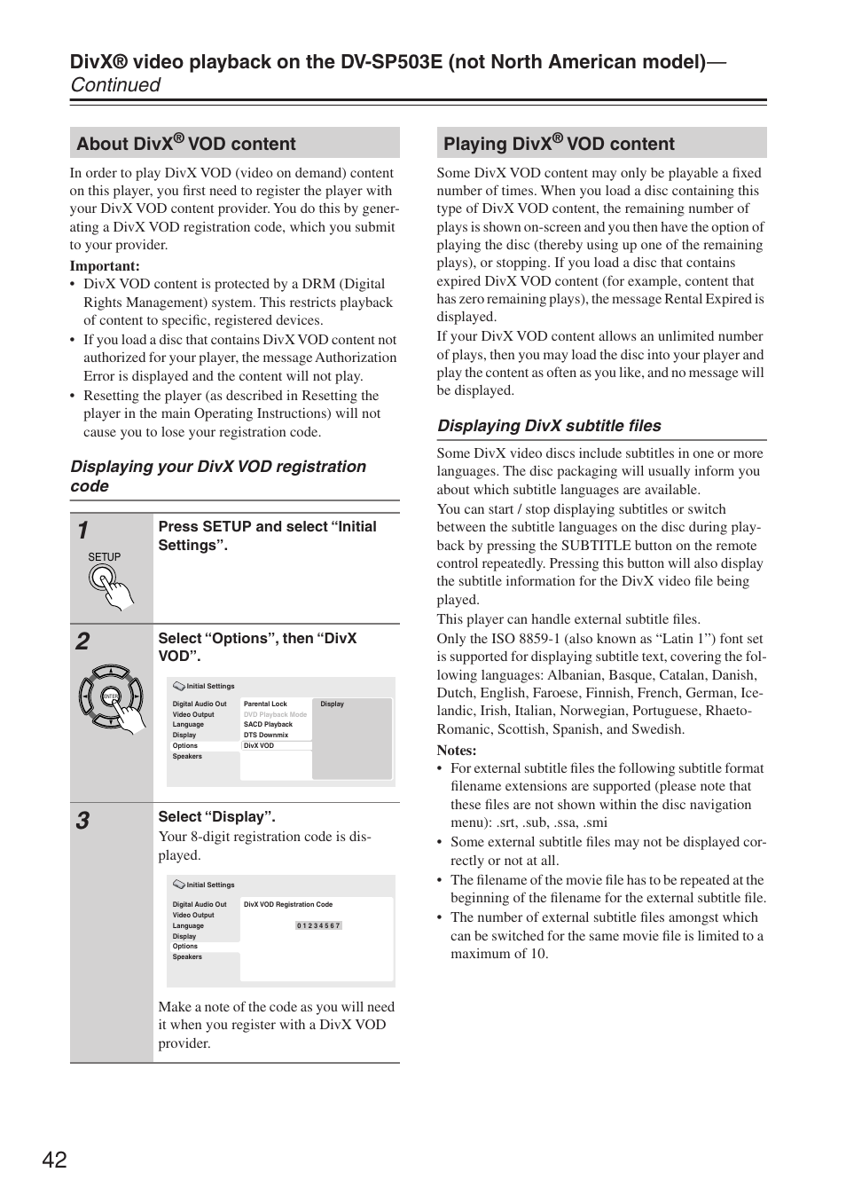 About divx, Vod content, Playing divx | Displaying your divx vod registration code, Displaying divx subtitle files | Onkyo DV-SP503E User Manual | Page 42 / 68