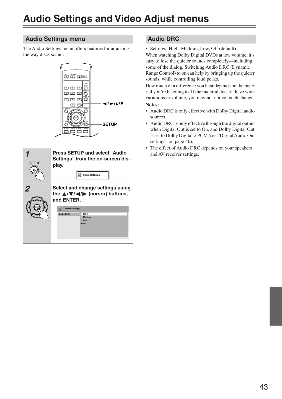 Audio settings and video adjust menus, Audio settings menu, Audio drc | Onkyo DV-SP503E User Manual | Page 43 / 68