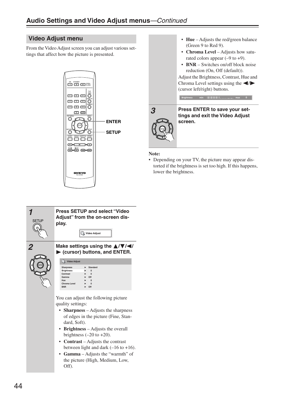 Audio settings and video adjust menus —continued, Video adjust menu | Onkyo DV-SP503E User Manual | Page 44 / 68