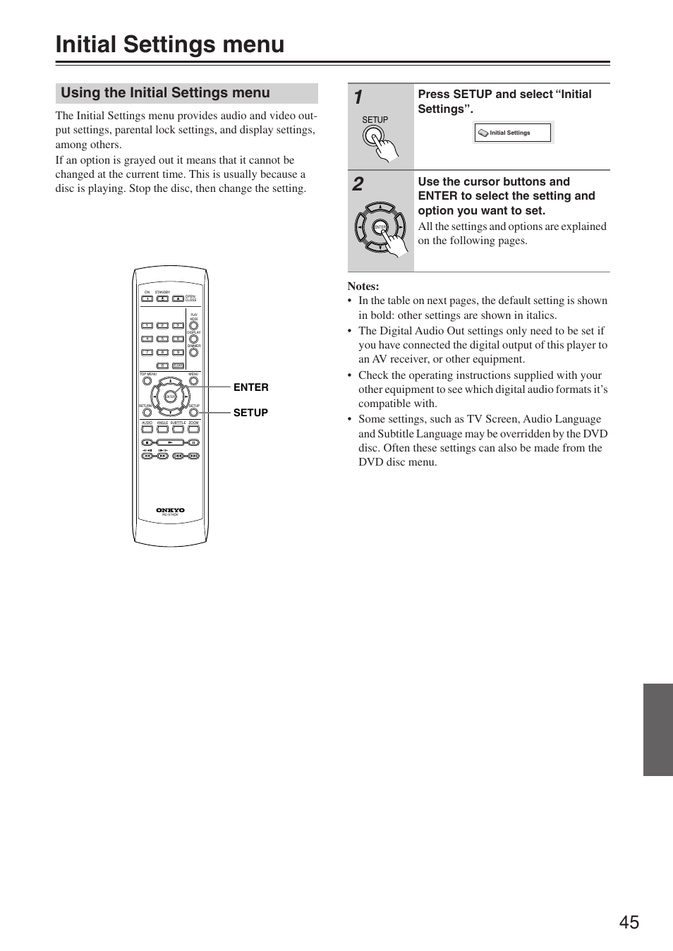 Initial settings menu, Using the initial settings menu, Press setup and select “initial settings | Enter setup | Onkyo DV-SP503E User Manual | Page 45 / 68