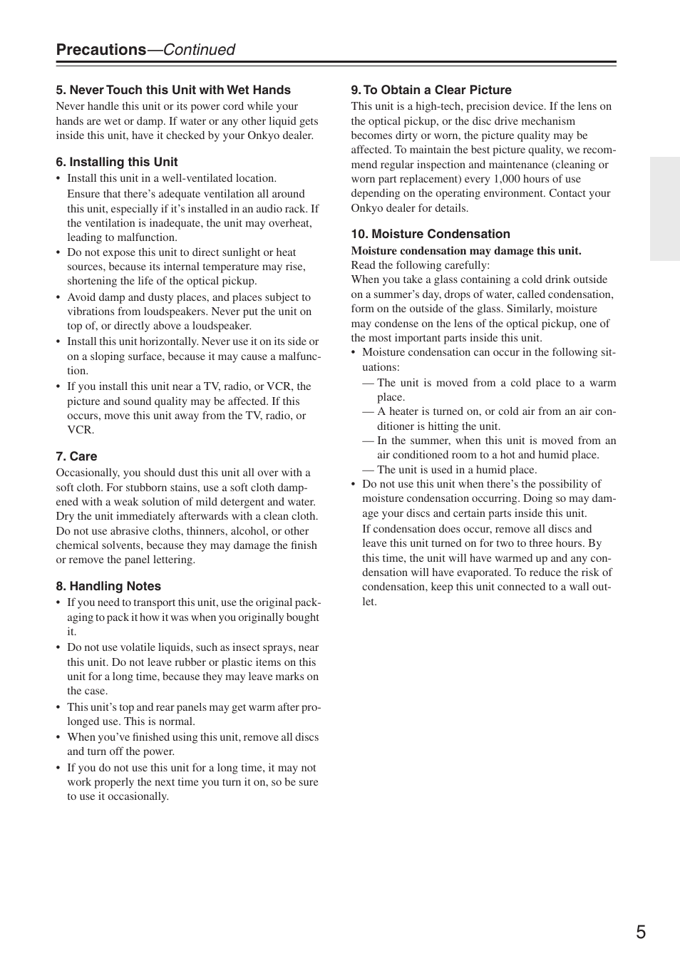 Precautions —continued | Onkyo DV-SP503E User Manual | Page 5 / 68