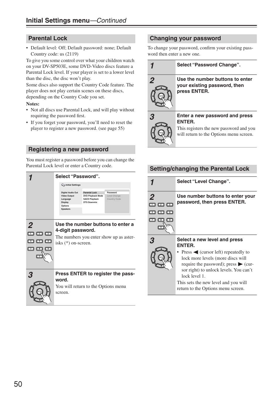 Initial settings menu —continued, Parental lock registering a new password, Changing your password | Setting/changing the parental lock | Onkyo DV-SP503E User Manual | Page 50 / 68