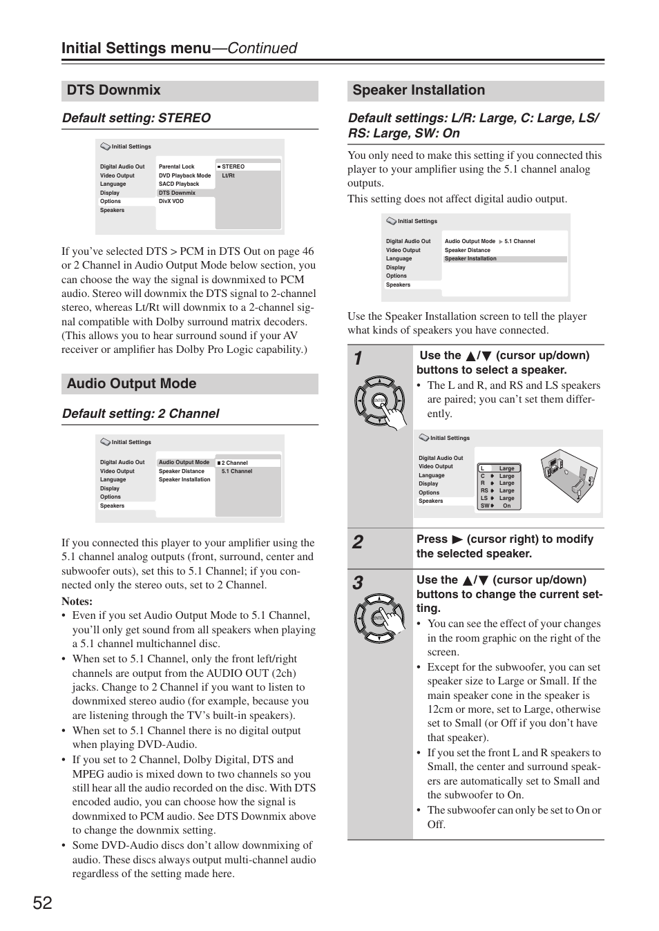Initial settings menu —continued, Dts downmix audio output mode, Speaker installation | Default setting: stereo, Default setting: 2 channel | Onkyo DV-SP503E User Manual | Page 52 / 68