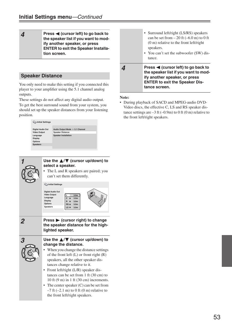 Initial settings menu —continued, Speaker distance | Onkyo DV-SP503E User Manual | Page 53 / 68