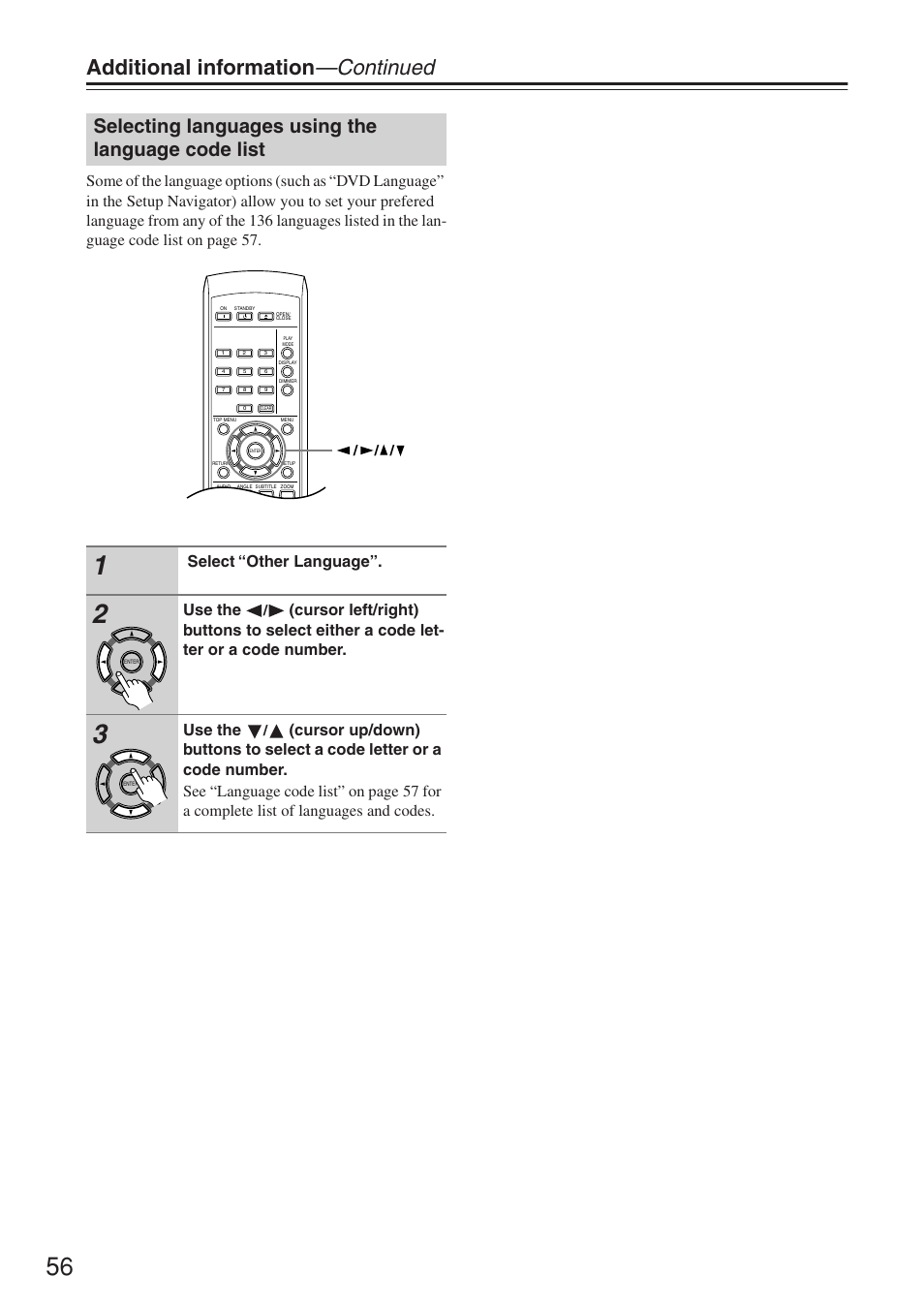 Additional information —continued, Selecting languages using the language code list, Select “other language | Use the | Onkyo DV-SP503E User Manual | Page 56 / 68