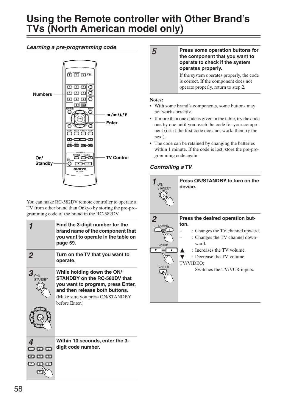 Learning a pre-programming code, Controlling a tv, Turn on the tv that you want to operate | Within 10 seconds, enter the 3- digit code number, Press on/standby to turn on the device | Onkyo DV-SP503E User Manual | Page 58 / 68