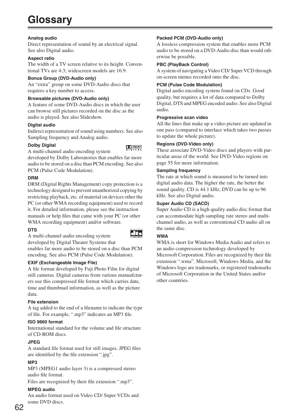 Glossary | Onkyo DV-SP503E User Manual | Page 62 / 68