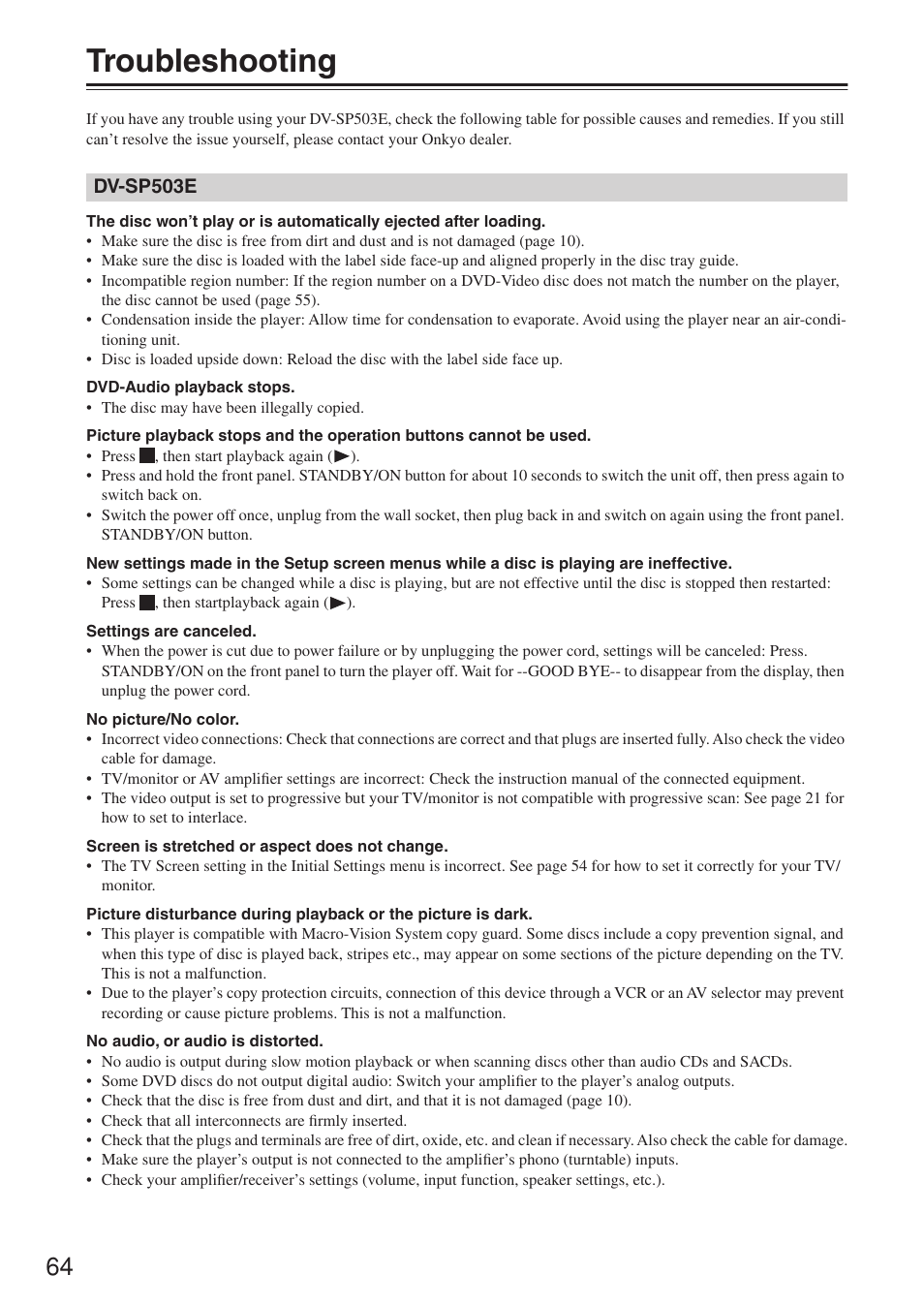 Troubleshooting | Onkyo DV-SP503E User Manual | Page 64 / 68