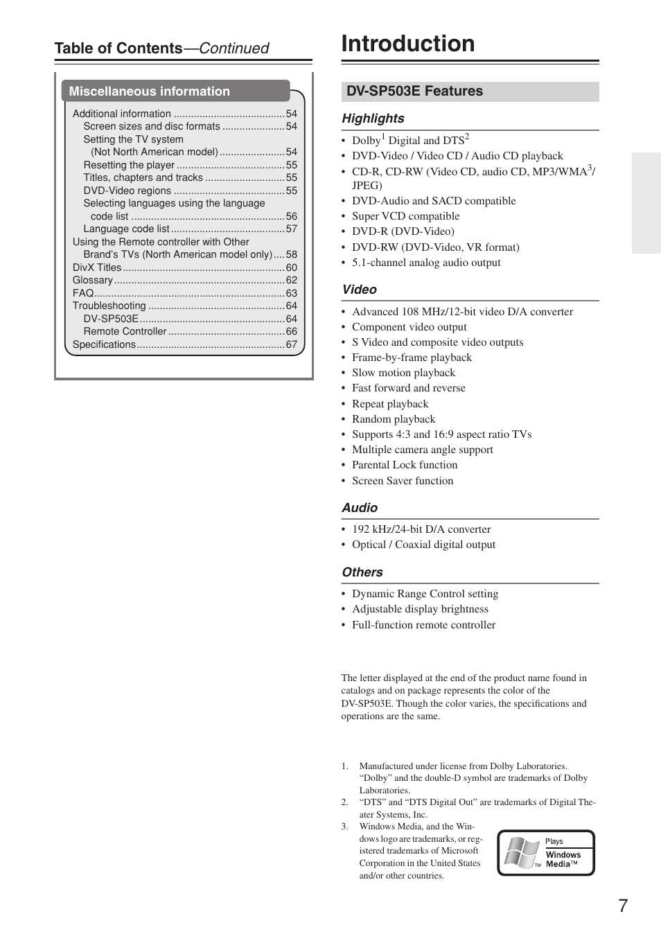 Introduction, Table of contents —continued, Dv-sp503e features | Onkyo DV-SP503E User Manual | Page 7 / 68