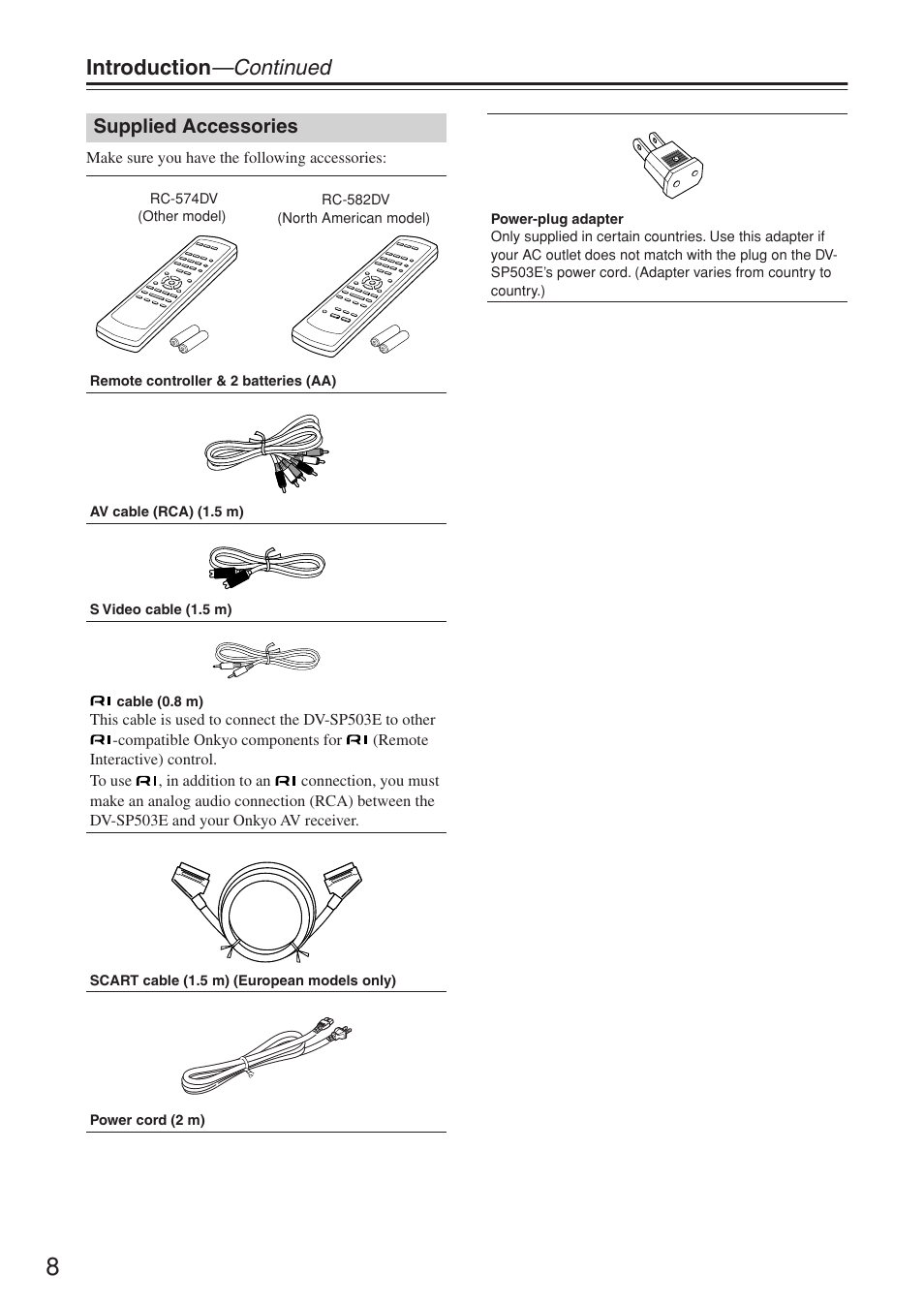 Introduction —continued, Supplied accessories | Onkyo DV-SP503E User Manual | Page 8 / 68