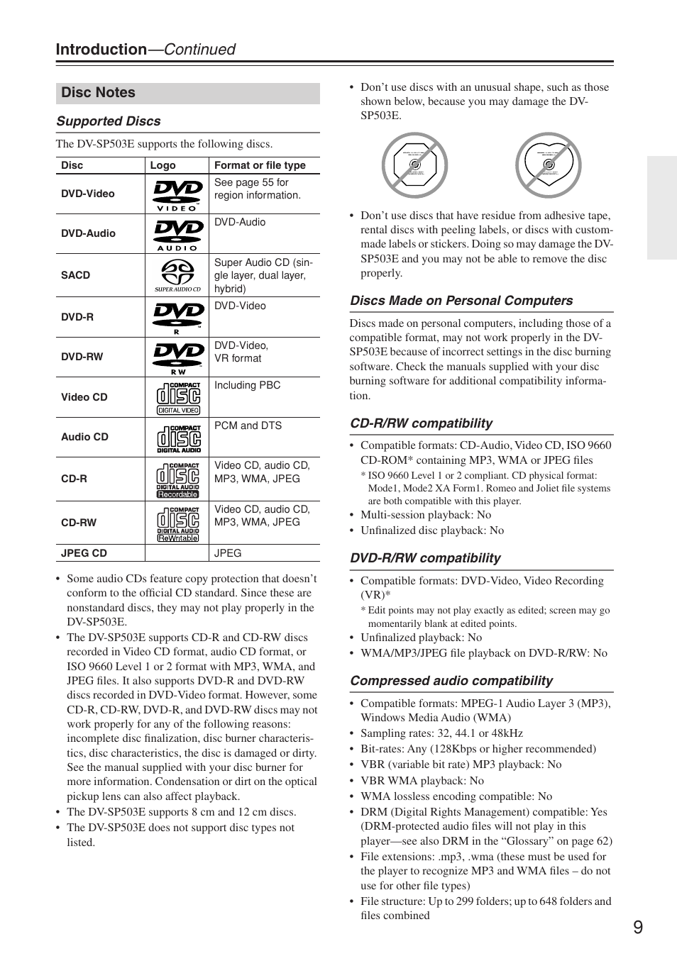 Introduction —continued | Onkyo DV-SP503E User Manual | Page 9 / 68