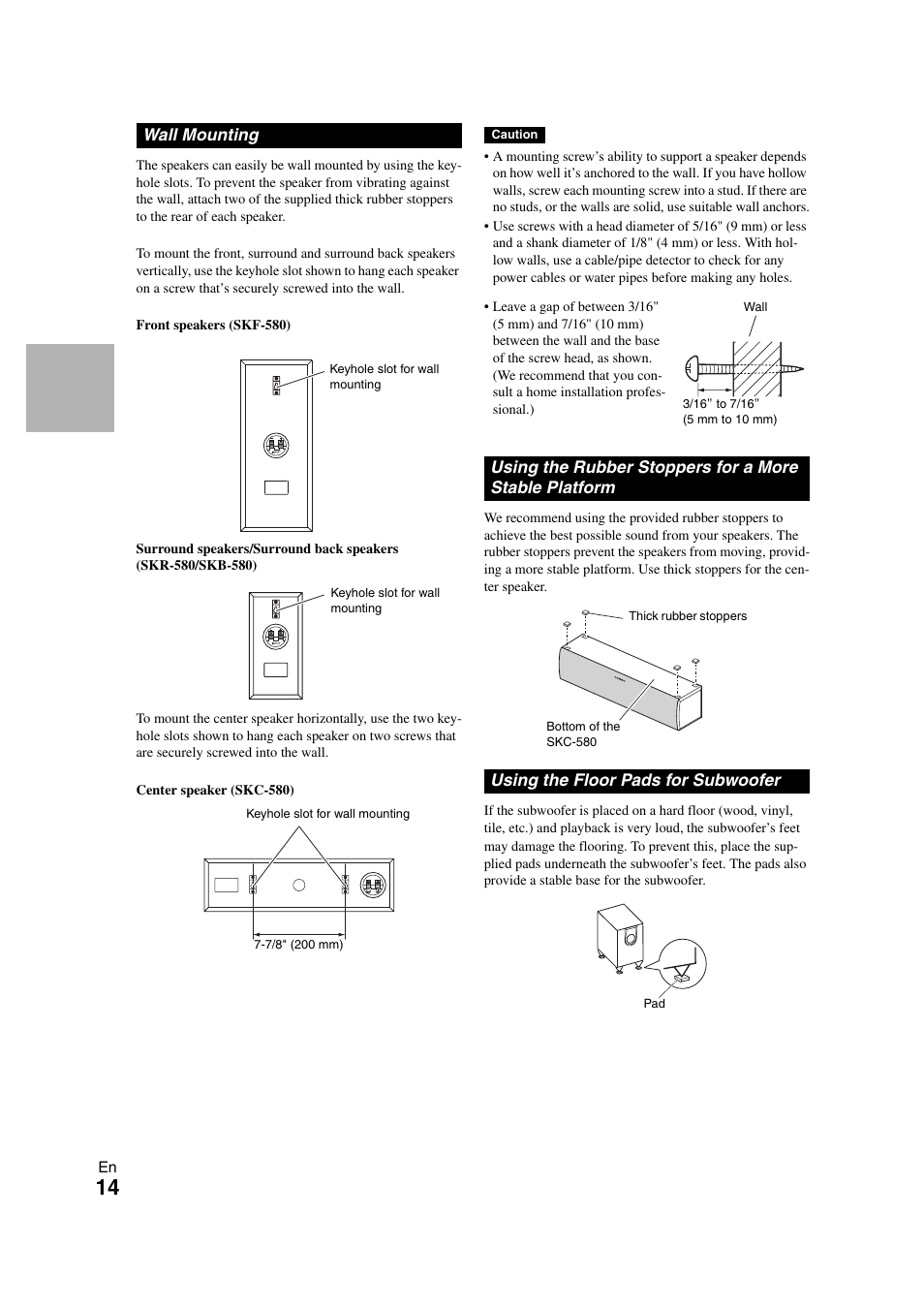 Wall mounting, Using the floor pads for subwoofer, See “wall mounting” for | Tions | Onkyo HT-S5300 User Manual | Page 14 / 64