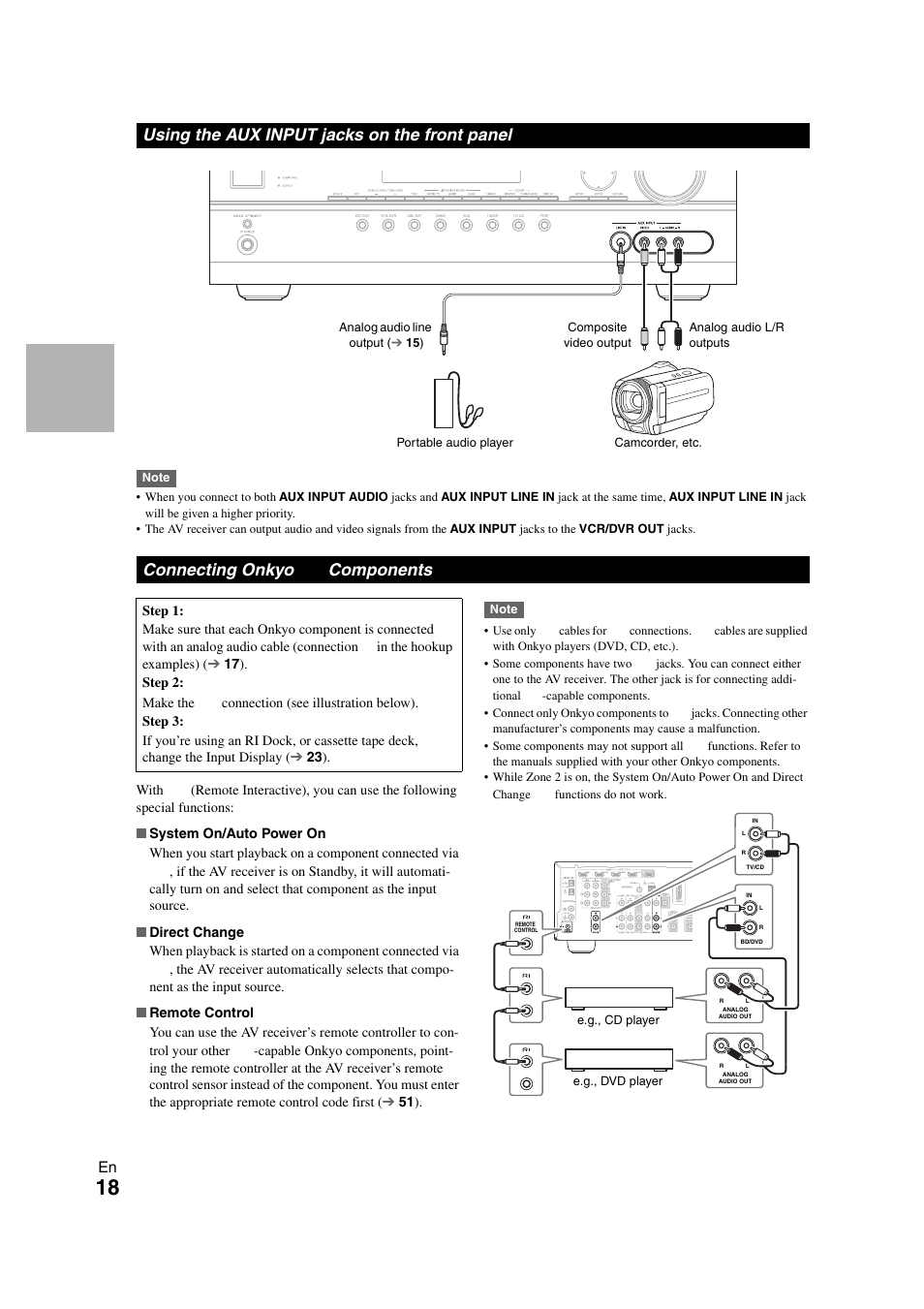 Using the aux input jacks on the front panel, Connecting onkyo ri components | Onkyo HT-S5300 User Manual | Page 18 / 64