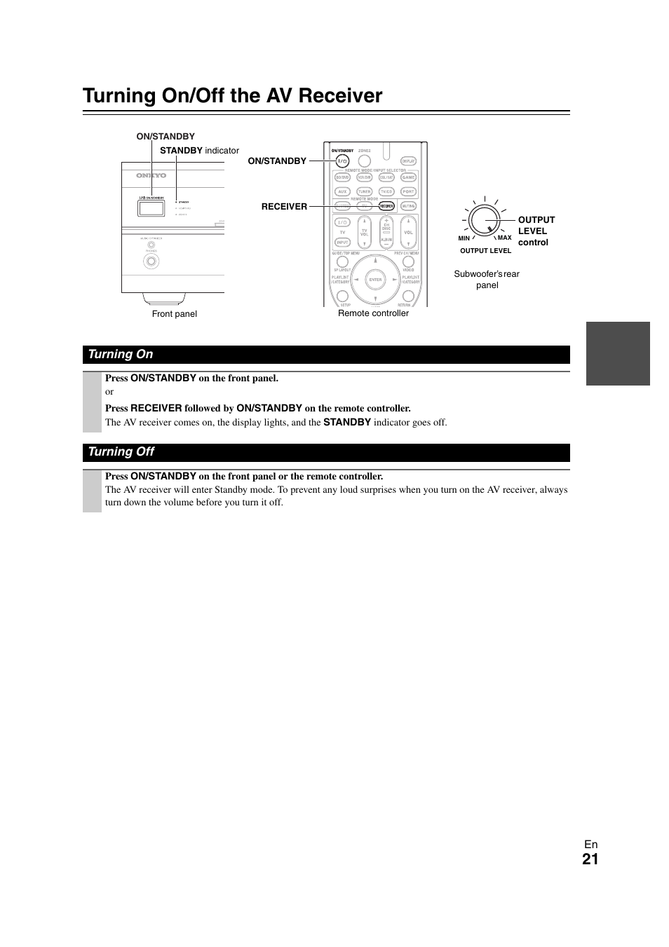 Turning on & basic operations, Turning on/off the av receiver, Turning on | Turning off, Cator, Tton | Onkyo HT-S5300 User Manual | Page 21 / 64