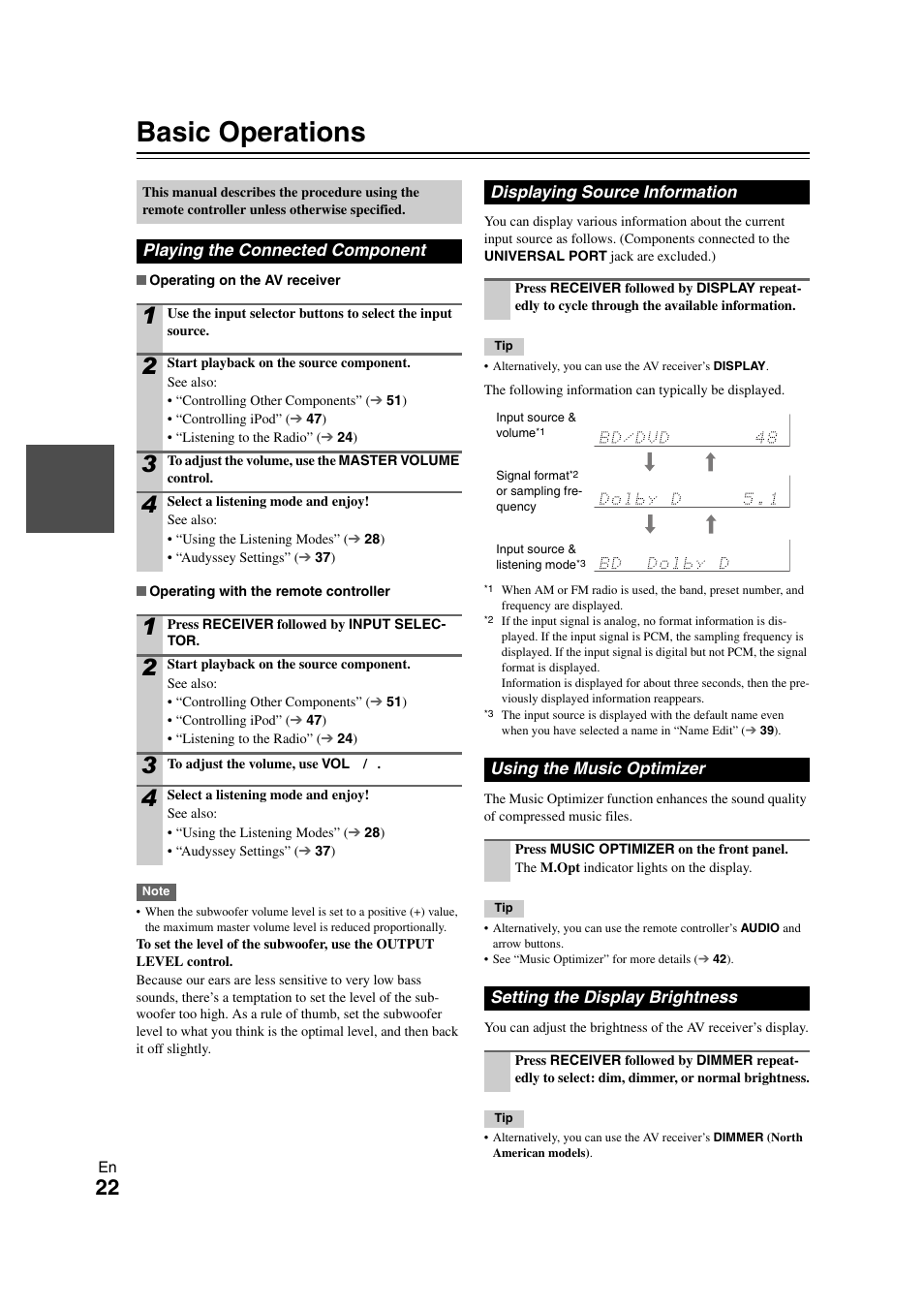 Basic operations, Playing the connected component, Displaying source information | Using the music optimizer, Setting the display brightness, Tton | Onkyo HT-S5300 User Manual | Page 22 / 64