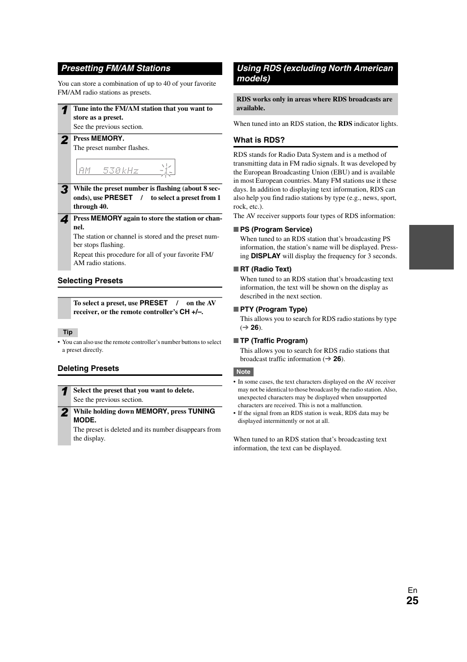 Presetting fm/am stations, Using rds (excluding north american models) | Onkyo HT-S5300 User Manual | Page 25 / 64