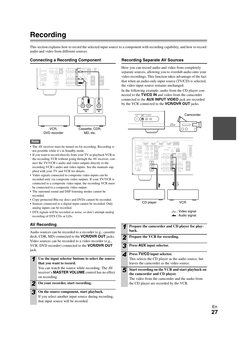 Recording, Video recording | Onkyo HT-S5300 User Manual | Page 27 / 64