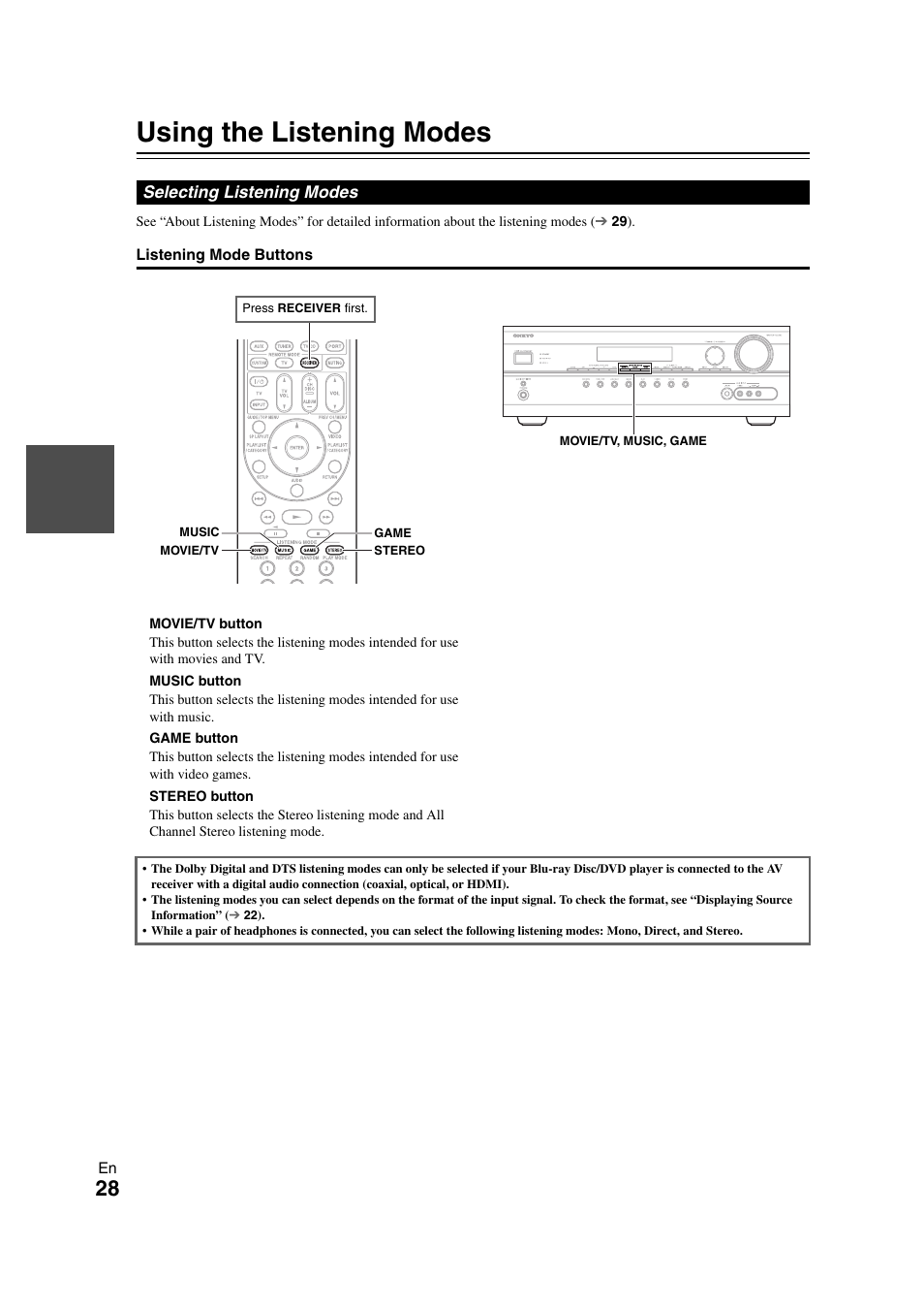 Using the listening modes, Selecting listening modes | Onkyo HT-S5300 User Manual | Page 28 / 64