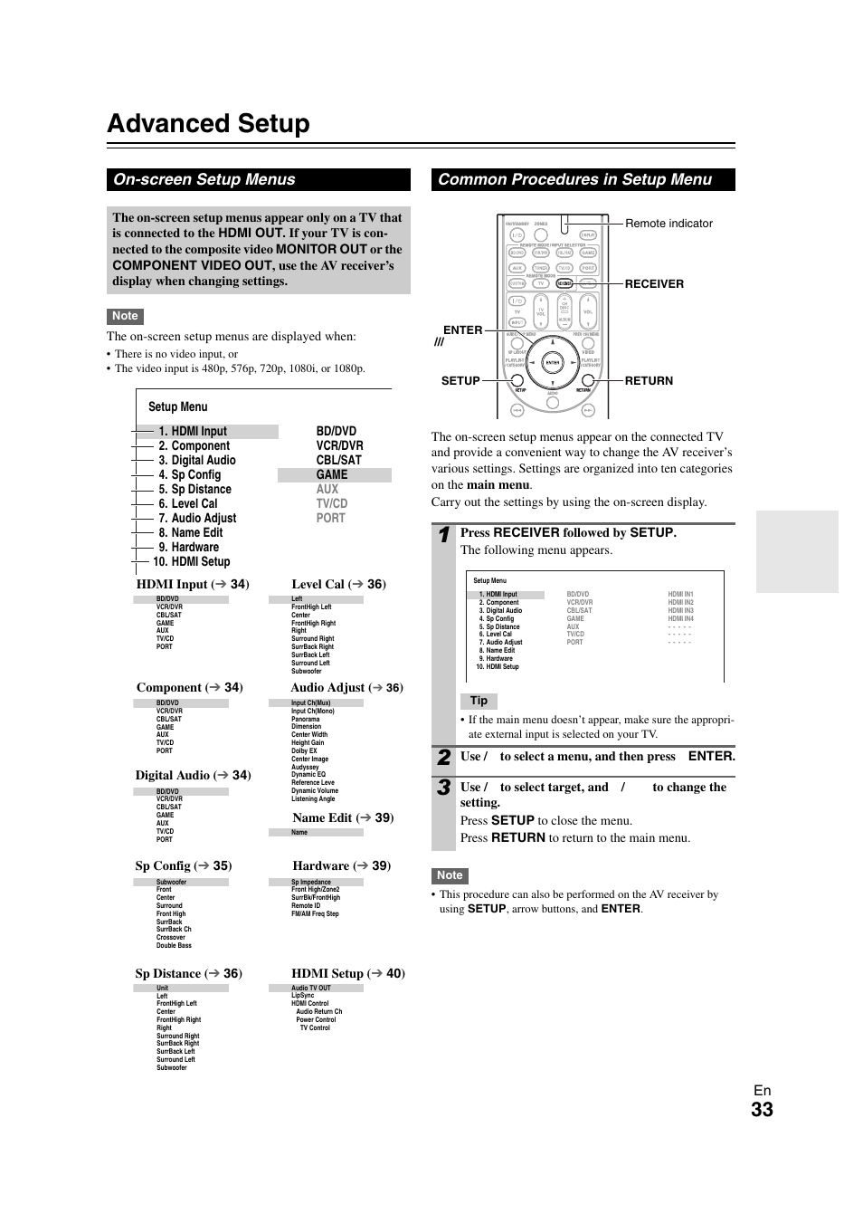 Advanced operations, Advanced setup, On-screen setup menus | Common procedures in setup menu, See “advanced setup” f, Details, Ee “advanced setup” for, Tails | Onkyo HT-S5300 User Manual | Page 33 / 64